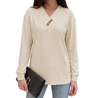 Women's Casual V-Neck Button Long Sleeve Loose Tunic Top