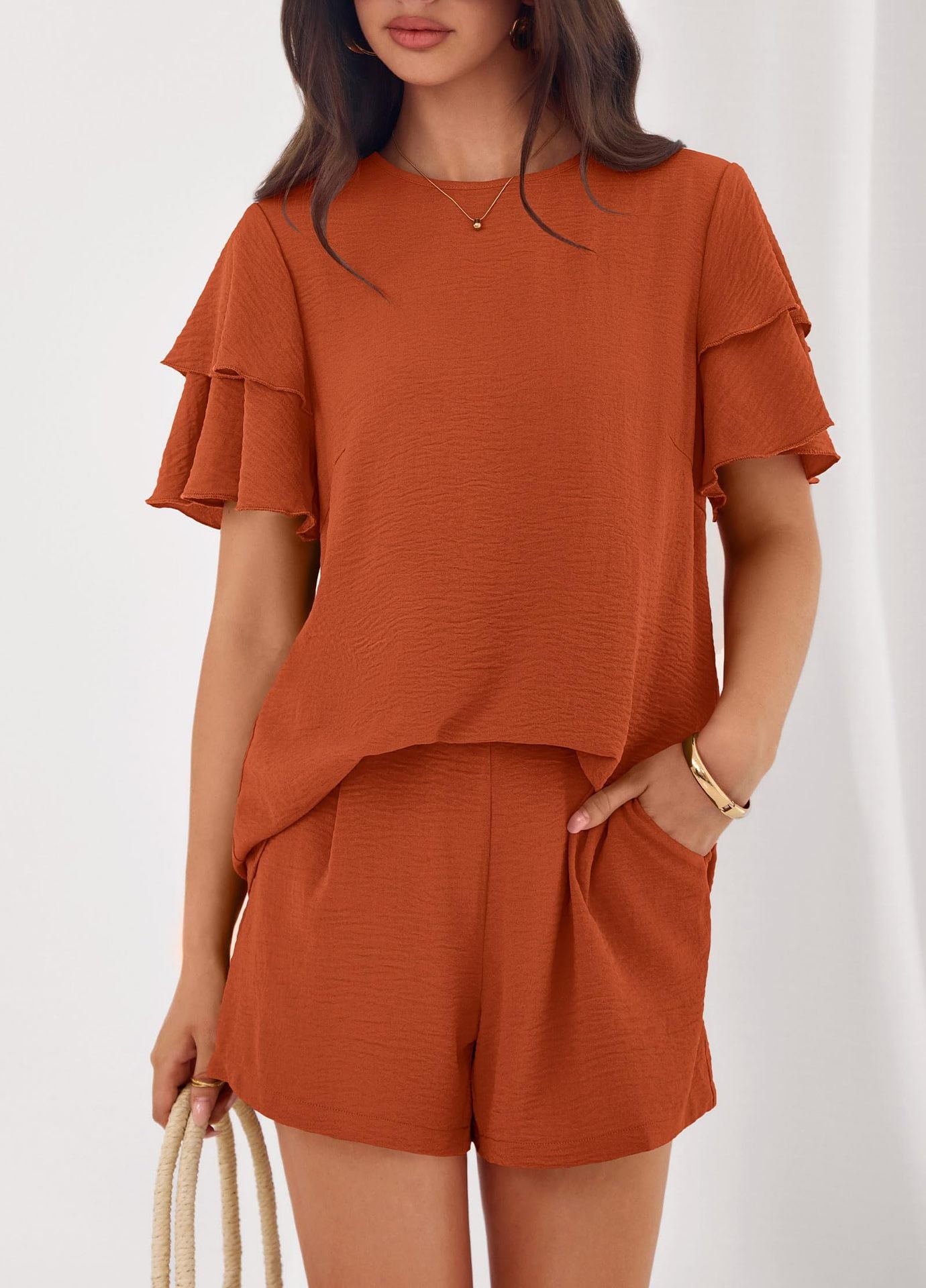 Solid Lounge Set Ruffle Sleeve Top Shorts 2 Piece Set