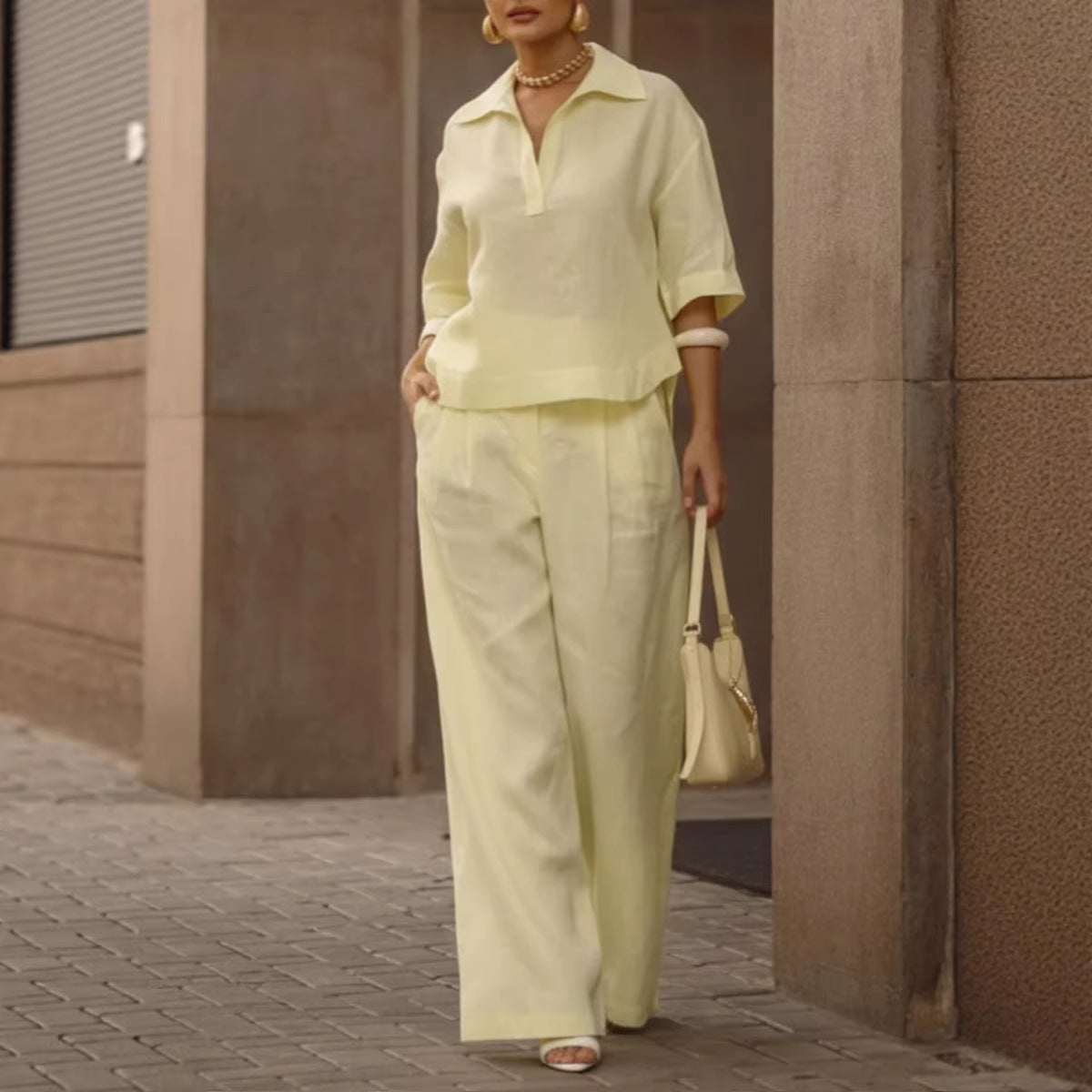 Women's Solid Matching Set Wide Leg Pants Collared Top