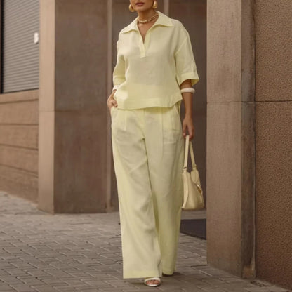 Women's Solid Matching Set Wide Leg Pants Collared Top