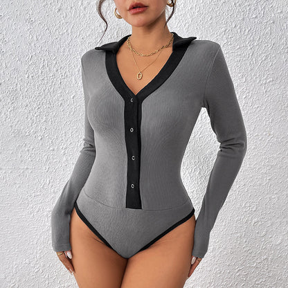 Autumn European and American Tops Lapel Contrasting Color Pit Strips Abrasive Onesie