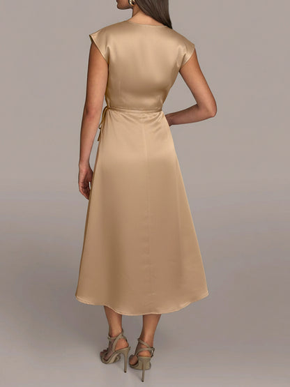 Satin V Neck Wrap Midi Dress Tie Waist Elegant
