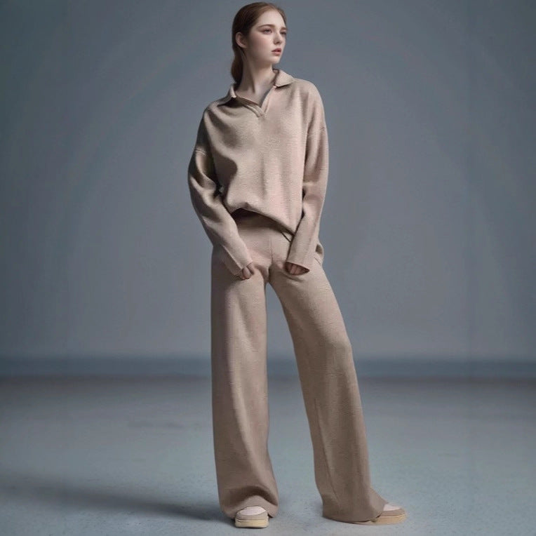 Women's Two Piece Knit Polo Sweater Wide Leg Pants Set