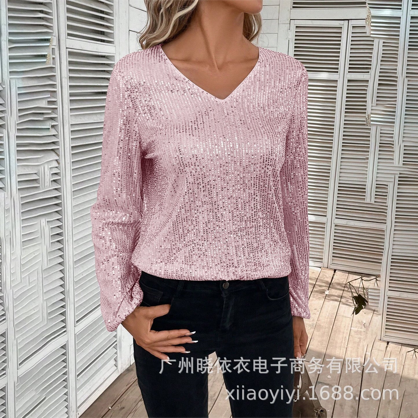 Women's Sequin V Neck Long Sleeve Party Top