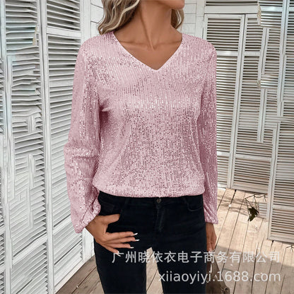 Women's Sequin V Neck Long Sleeve Party Top
