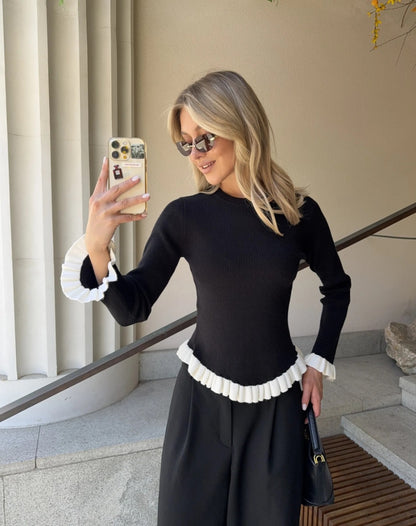 Ruffle Trim Crew Neck Ribbed Knit Sweater