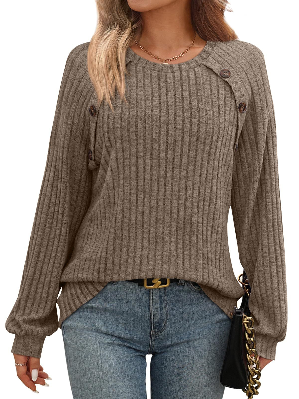 Ribbed Knit Crewneck Sweatshirt with Button Detail