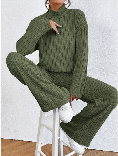 Women's Ribbed Turtleneck Two Piece Pants Set