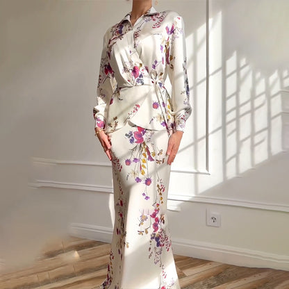 Women's Floral Long Sleeve Tie Waist Top & Maxi Skirt Set