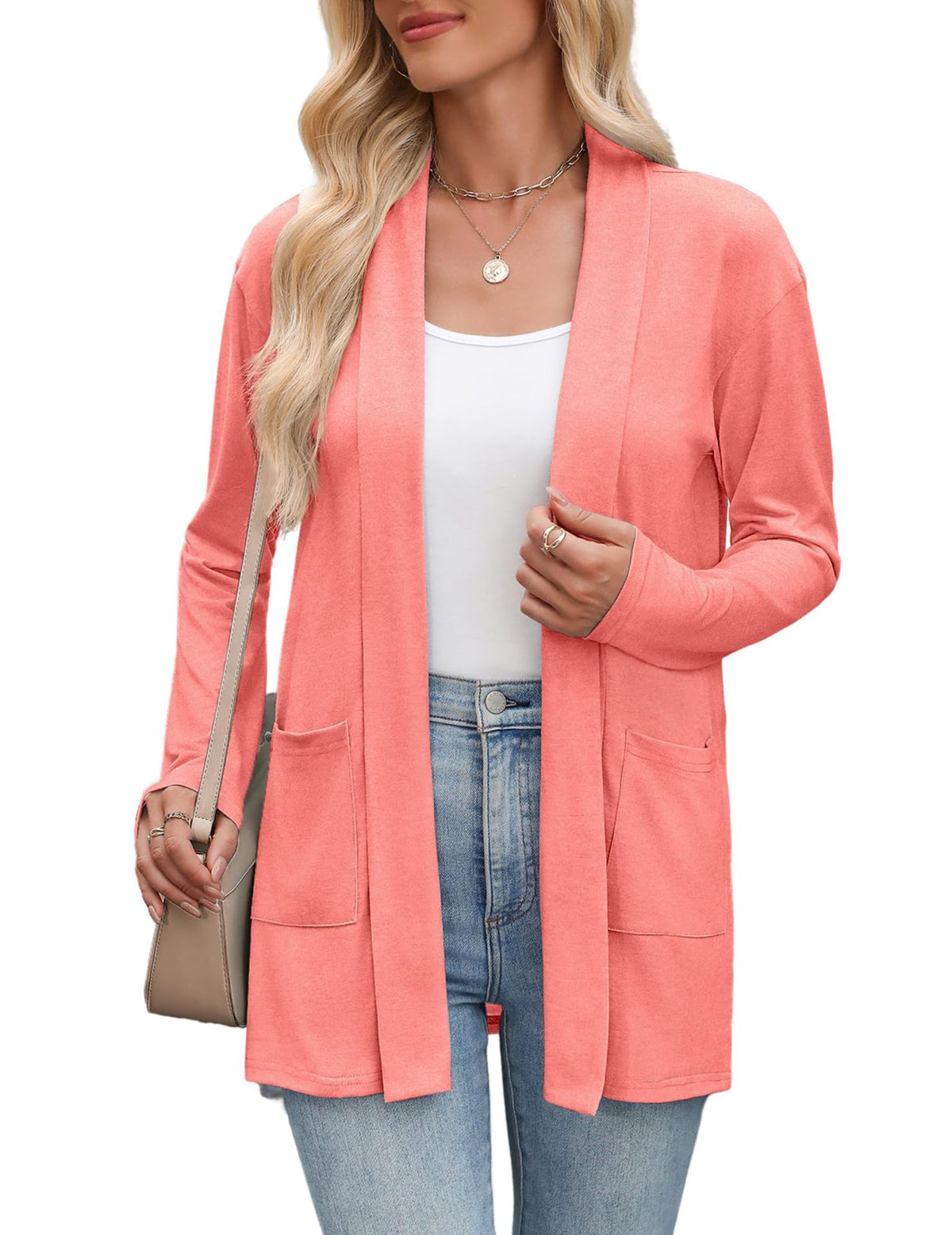 Women's Open Front Lightweight Cardigan Long Sleeve Pockets