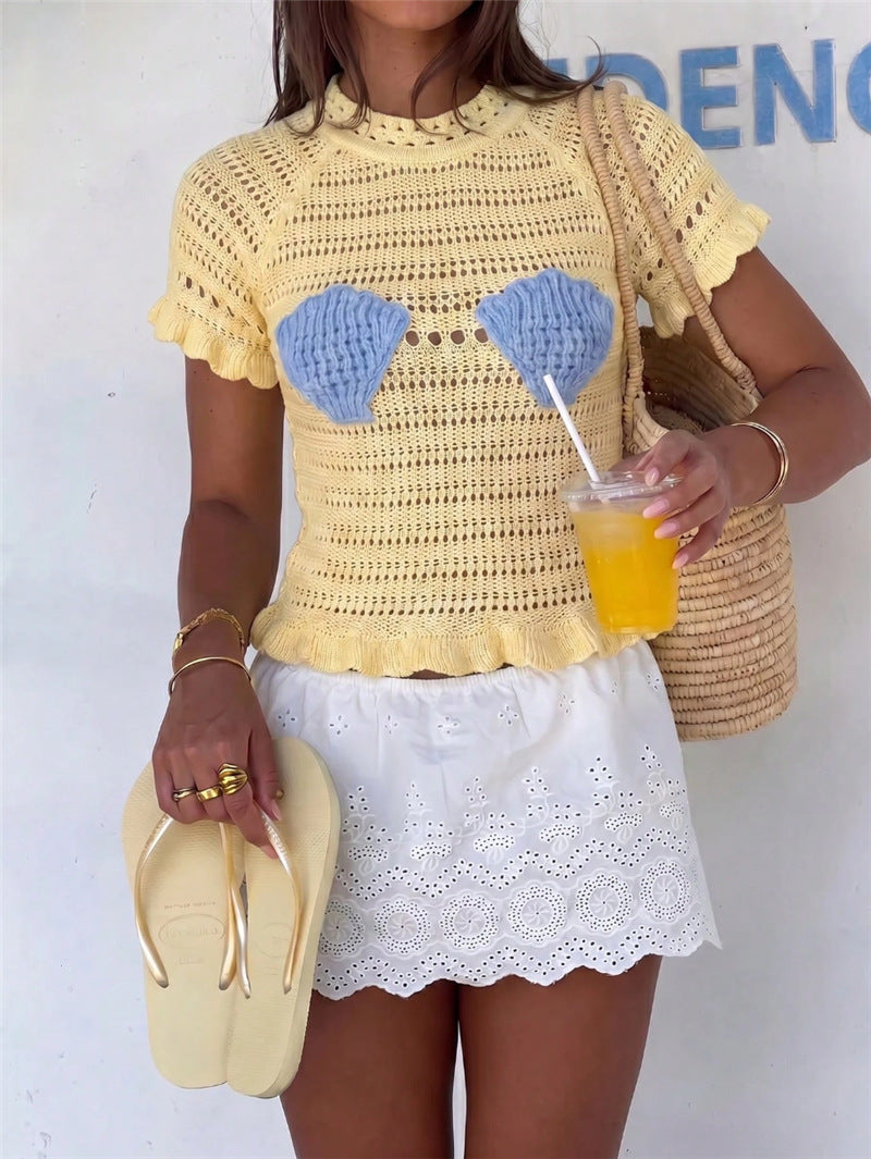 Women's Crochet Ruffle Short Sleeve Knit Top