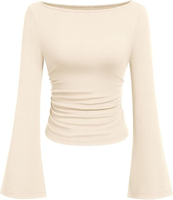 Women's Ruched Boat Neck Bell Sleeve Ribbed Top
