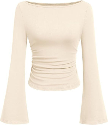Women's Ruched Boat Neck Bell Sleeve Ribbed Top