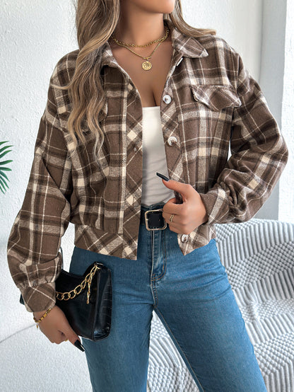 Plaid Button Front Long Sleeve Casual Jacket Coat