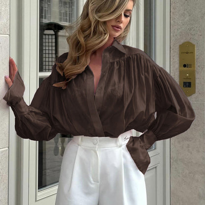 Women's Oversized Satin Collared Blouse Balloon Sleeve Top