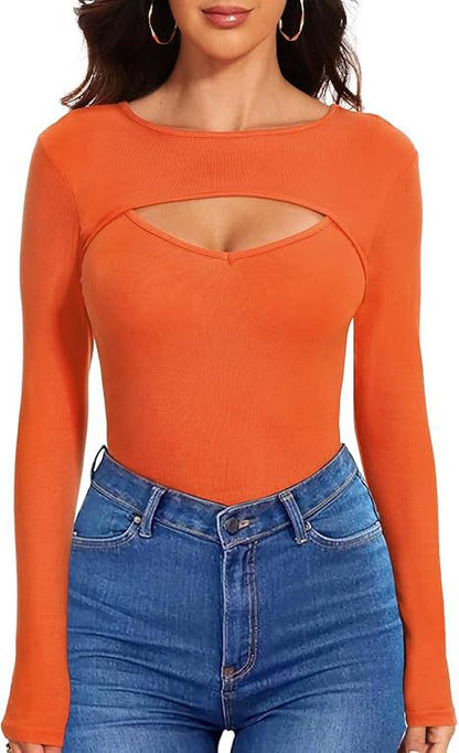 Sexy Cutout Ribbed Long Sleeve Fitted Top