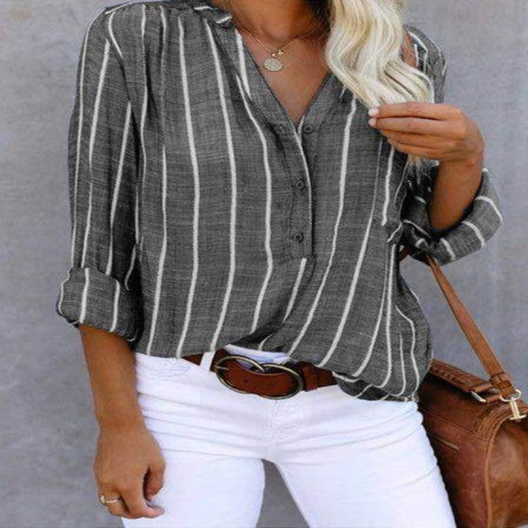 Women's Striped V-Neck Long Sleeve Casual Blouse