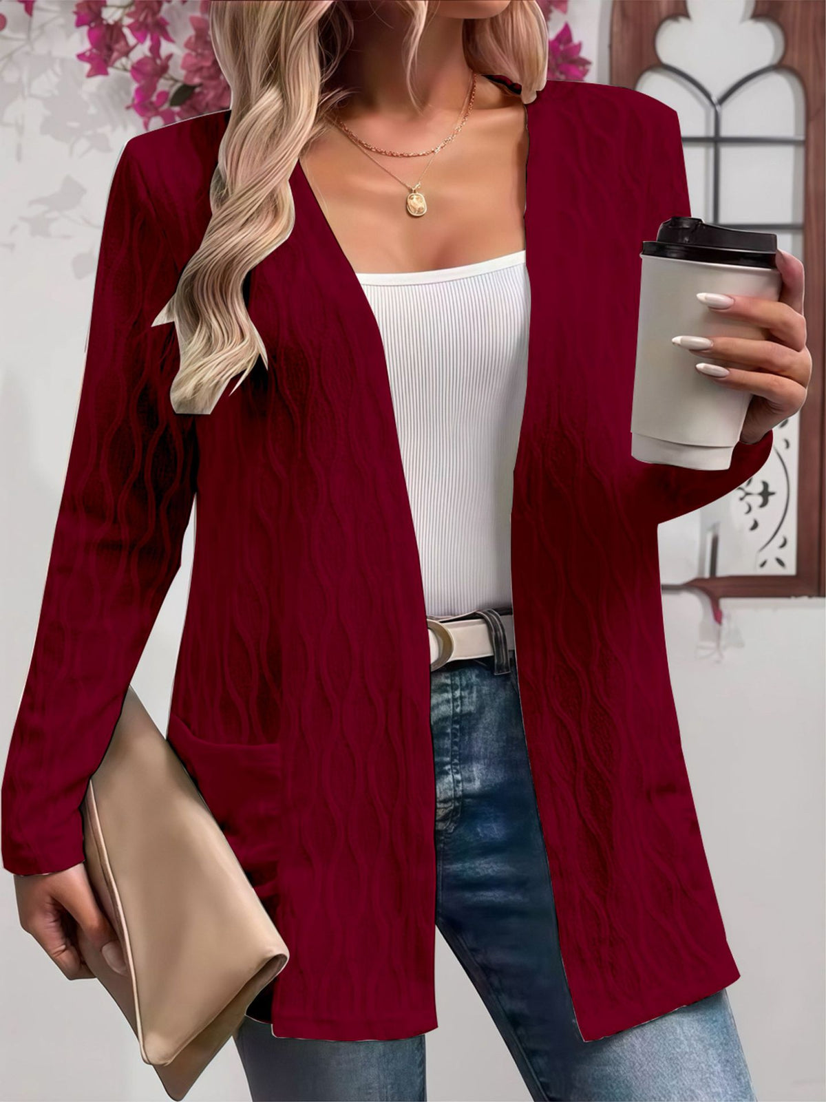 Women's Open Front Cable Knit Cardigan Sweater Pockets