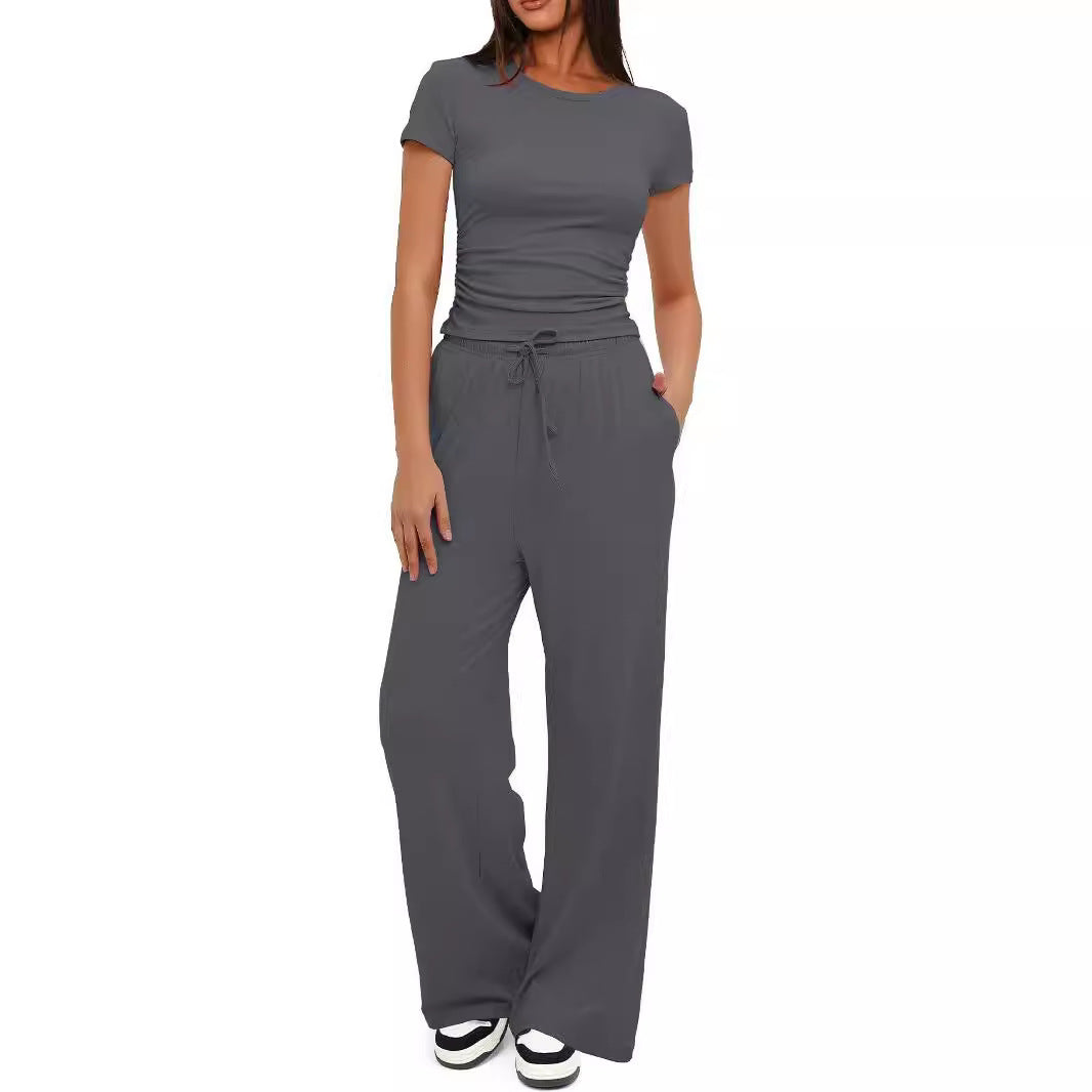 Women's Ruched Top Wide Leg Pants Two Piece Lounge Set
