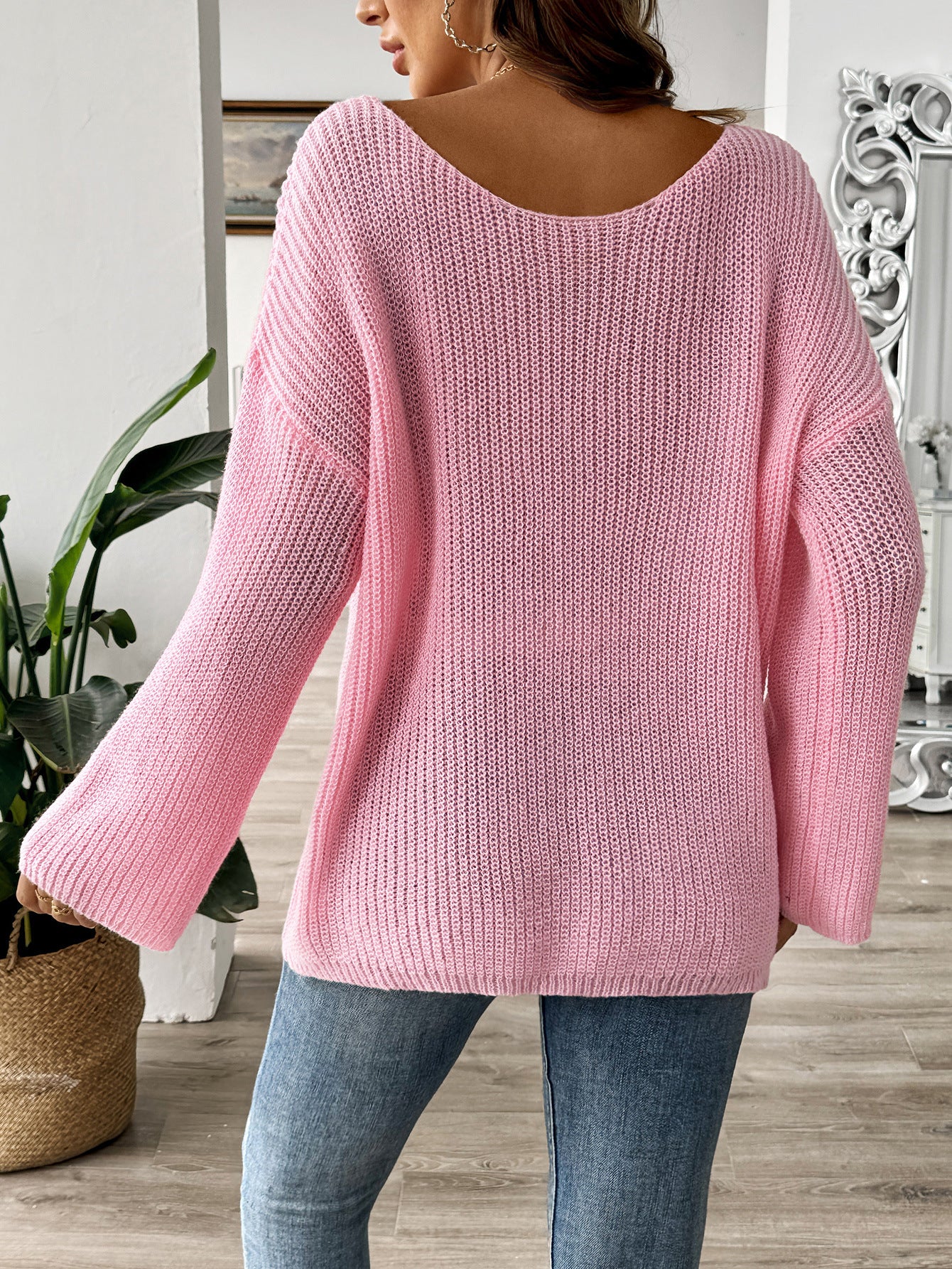 Women’s Lace Bow Applique Waffle Knit Bell Sleeve Top