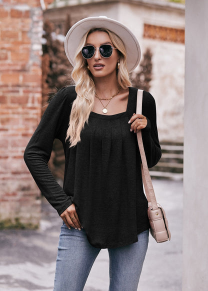 Square Neck Pleated Long Sleeve Top for Women