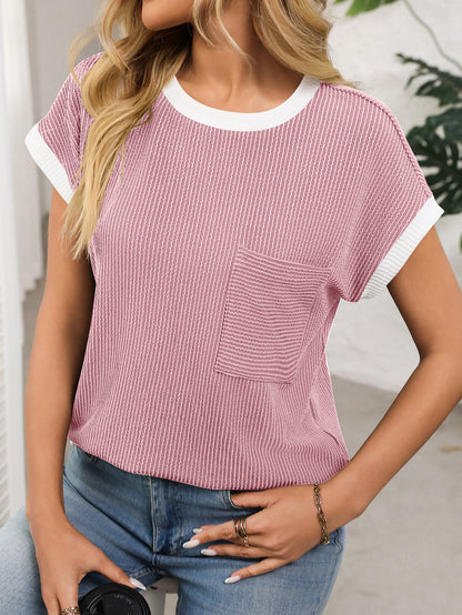 Women's Ribbed Color Block Pocket Tee Short Sleeve