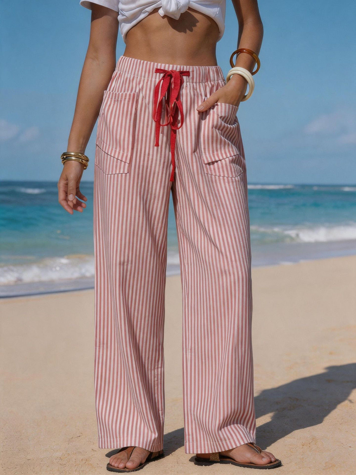 Women's Striped Linen Wide Leg Pants Drawstring Beach