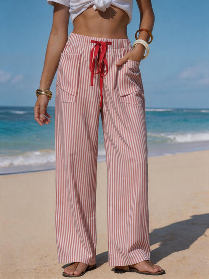 Women's Striped Linen Wide Leg Pants Drawstring Beach