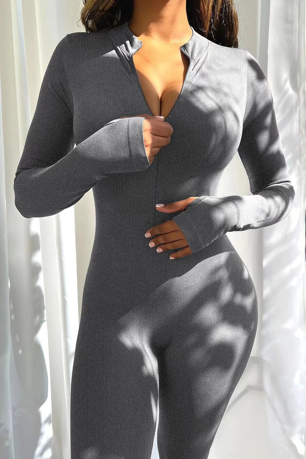 Women's Ribbed Zip Front Long Sleeve Workout Jumpsuit