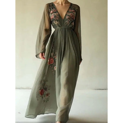 Women's Floral Mesh V-Neck Long Sleeve Maxi Dress
