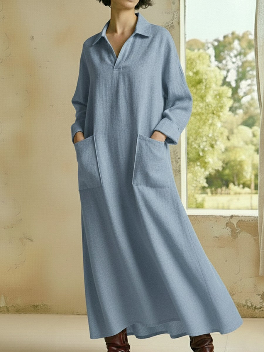 Women's Casual Long Sleeve Polo Maxi Dress with Pockets