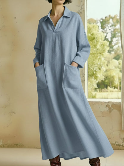 Women's Casual Long Sleeve Polo Maxi Dress with Pockets