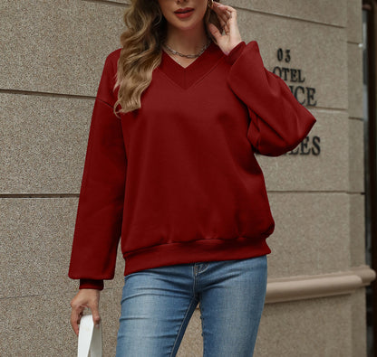 Colorblock V Neck Fleece Sweatshirt Women Casual Pullover Top