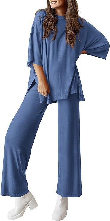 Women's 2 Piece Lounge Set Short Sleeve Top Wide Leg Pants
