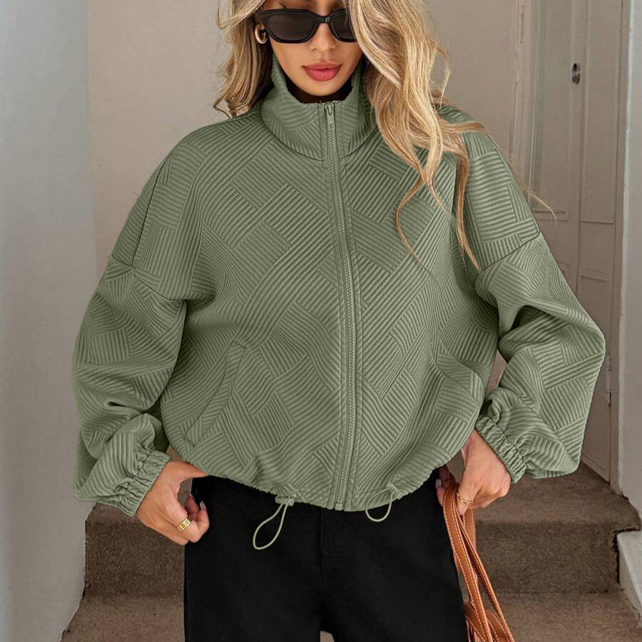Textured Zip Up Bomber Jacket Drawstring Hem Casual Coat