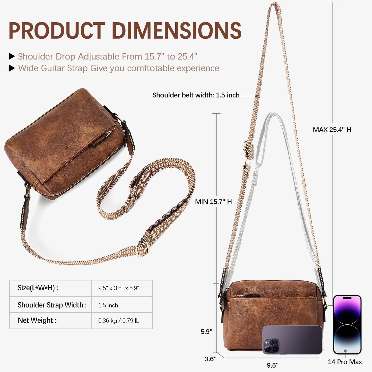 Triple Zip Small Crossbody Bag with Wide Strap