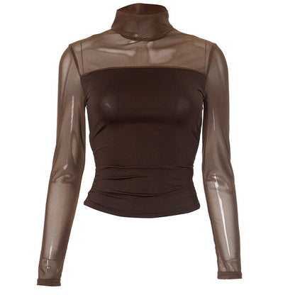 Sexy Sheer Mesh Mock Neck Long Sleeve Crop Top