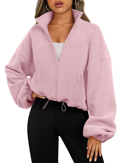 Women's Oversized Stand Collar Zip Up Fleece Jacket