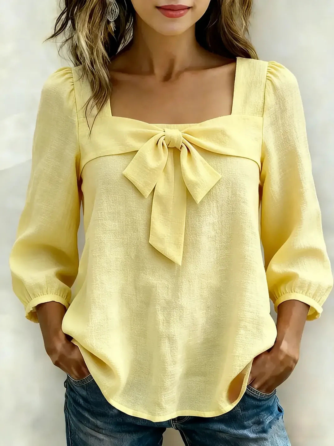Women's Square Neck Bow Front Puff Sleeve Blouse