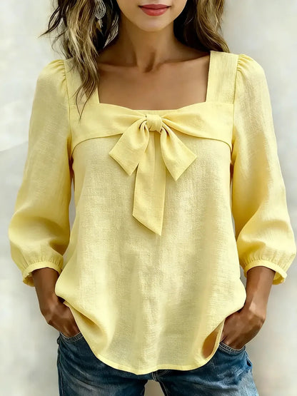 Women's Square Neck Bow Front Puff Sleeve Blouse