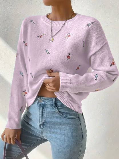 Women's Floral Embroidered Crew Neck Knit Sweater