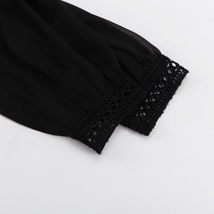 Black Chiffon Cutout Mini Dress Mock Neck Long Sleeve