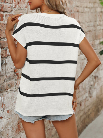 Women’s White Black Striped Crew Neck Short Sleeve Knit Top