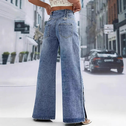 Vintage High Waist Button Wide Leg Split Hem Jeans
