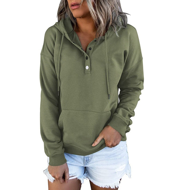 Women's Henley Hoodie Button Drawstring Pocket Pullover