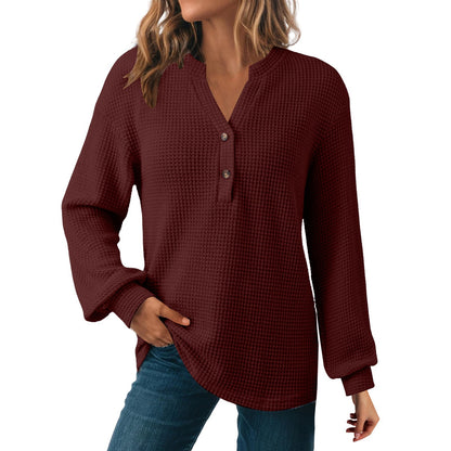 Women's Waffle Knit Long Sleeve Henley Top