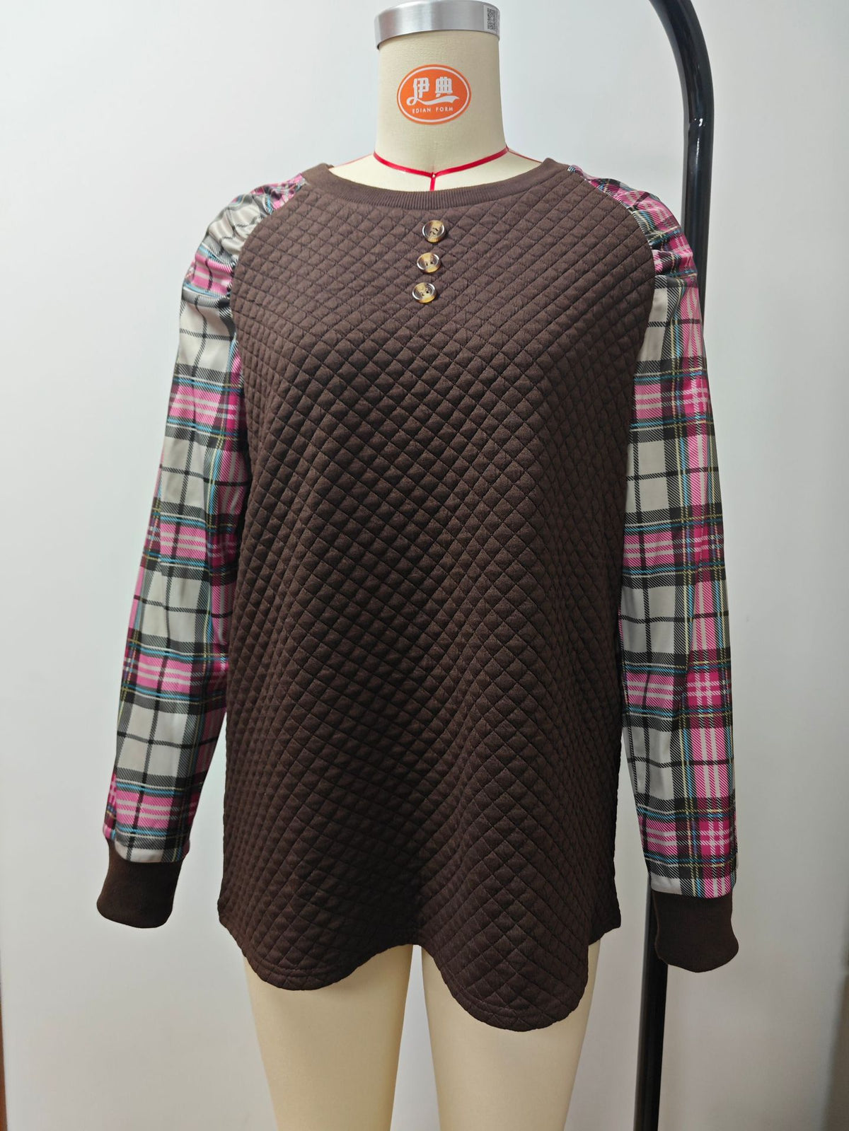 Women's Oversized Quilted Plaid Sleeve Patchwork Sweatshirt
