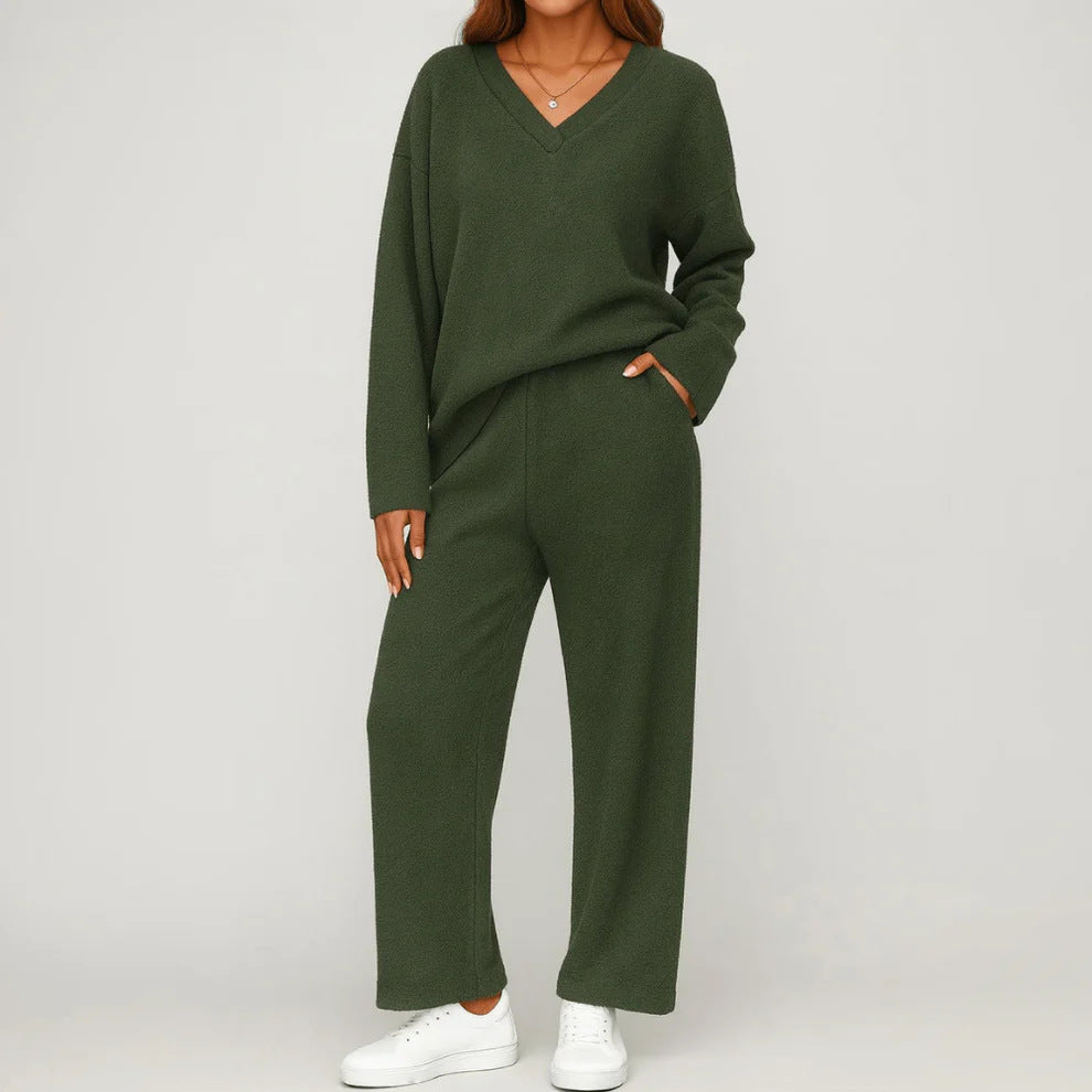 Women's V Neck Knit Two Piece Lounge Set Wide Leg Pants