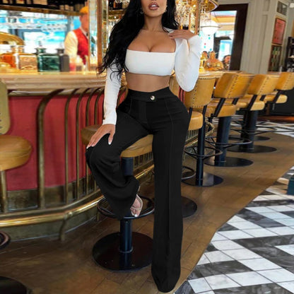 Women High Waist Ribbed Velvet Wide Leg Pants
