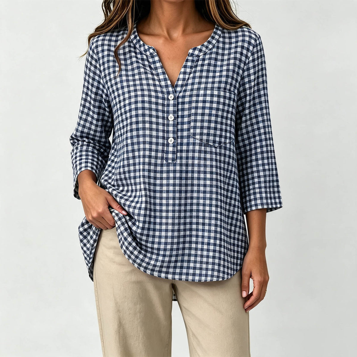 Women's Gingham V Neck 3/4 Sleeve Loose Casual Blouse